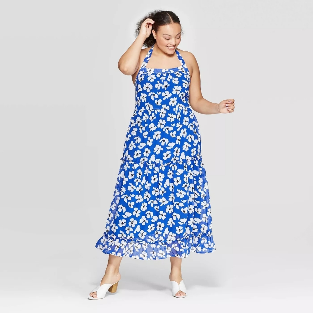 Who What Wear - Blue Floral Halter Dress in Small